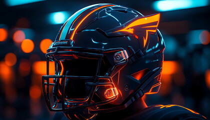 Fototapeta premium A football helmet with the blue and orange ligh