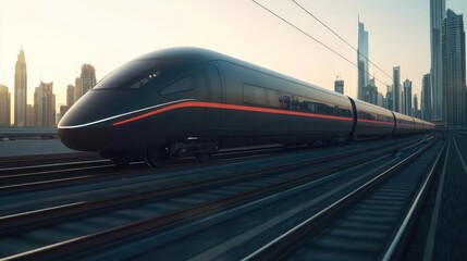 Fototapeta premium High-Speed Train At Sunrise Cityscape