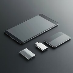 Tablet, phone, USB, and flash drive on dark background