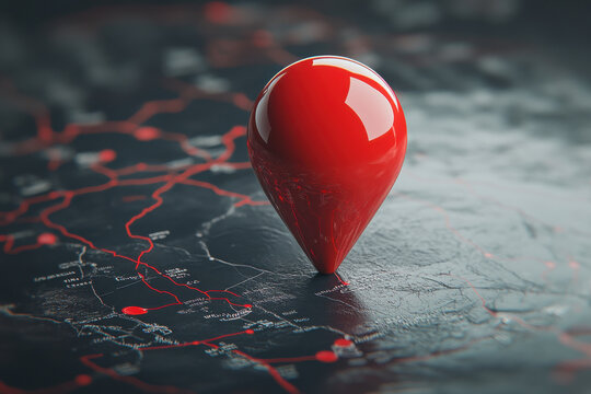 A sleek 3D red pointer hovering over a simplified globe, signifying pinpointing worldwide locations
