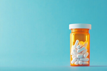  bottle of pills is sitting on a blue background. The pills are white and the bottle is orange
