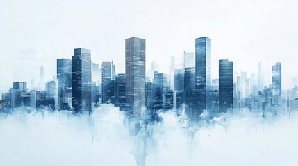 Blue city skyline with layered watercolor effect, modern urban landscape and buildings