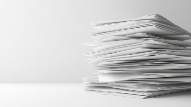 High stack of papers on white desk, minimalist background, office paperwork