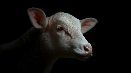 White calf portrait, dark background, farm animal, livestock photography