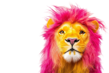 Isolated Striking Lion with Pink Mane and Yellow Pelt
