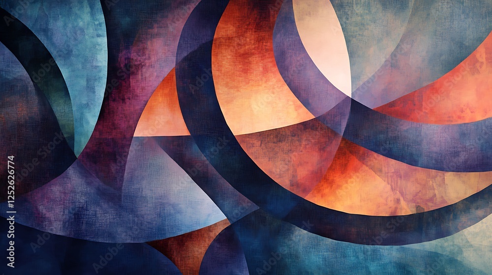 Poster vibrant digital abstract artwork swirling with overlapping shapes in a variety of rich colors for cr