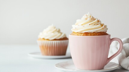 Delicious cupcakes in pink cup, light background, sweet treat