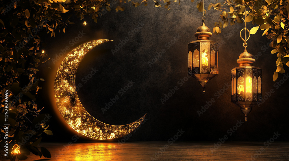 Fototapete 3D rendering banner background of a crescent moon and lantern for Ramadan Kareem celebration with copy space, text area on the right side