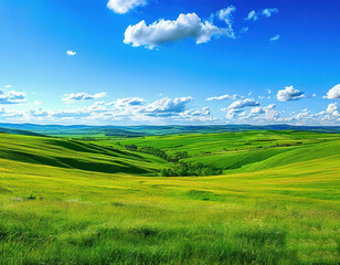 Obraz premium green grass, fields and hills to the horizon. bright blue sky. sunny day. summer landscape background.