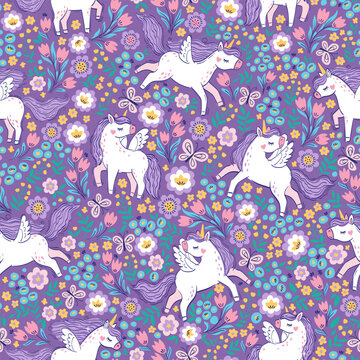 Unicorn with purple mane and tail. Vector hand drawn seamless pattern with cute unicorns on purple floral background