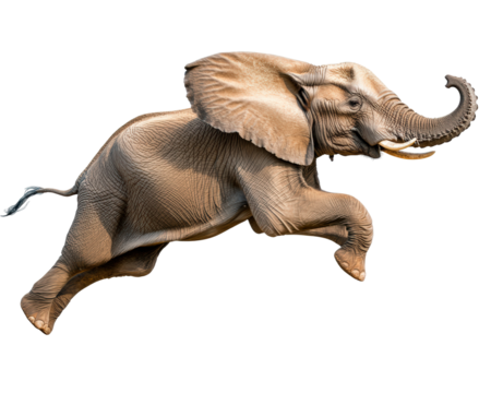 Isolated Elephant Leaping with Trunk Curled and Ears Spread Wide
