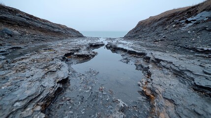Coastal rock pools, ocean view, foggy day, nature landscape