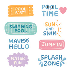 Vibrant colorful summer pool party stickers with hand drawn lettering. Swimming and water fun label
