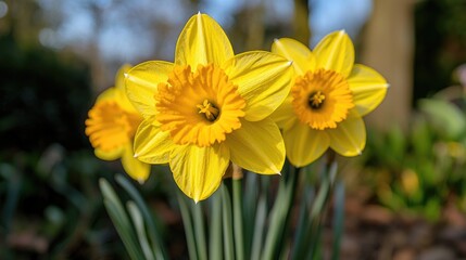 Fototapeta premium Vibrant yellow daffodils blooming in a sunny outdoor garden during spring.