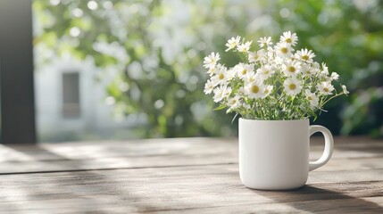 White daisies in a mug on wooden table, sunny day, garden view, peaceful scene, for use in print or web