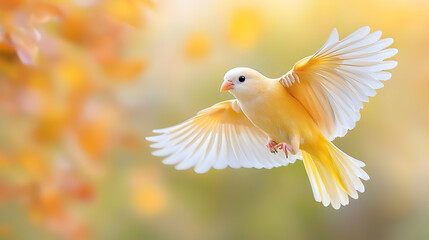 Obraz premium Yellow bird autumn flight, nature background, peaceful scene, nature photography