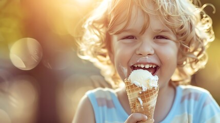 A young boy with curly blond hair laughs while eating an ice cream cone.