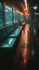 Fototapeta premium Rainy night subway interior urban setting dimly lit environment perspective focus on seating
