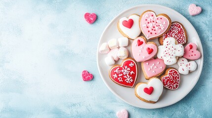 Assorted Heart Shaped Cookies on Pastel Blue Background