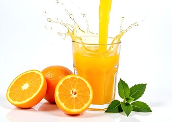 Fototapeta premium Orange juice pouring into glass. Fresh orange juice with oranges fruit on white background. Healthy nad diet concept.