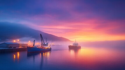 Naklejka premium Serene Sunset Harbor with Cargo Ships.