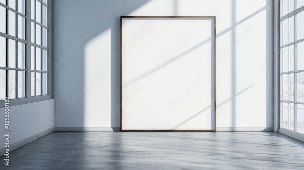 Aufkleber Bright minimalist interior with blank frame and window casting geometric shadows across the wall and floor