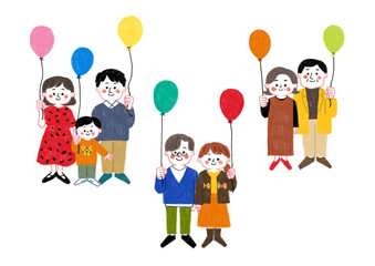 風船を持っている家族のイラストセット