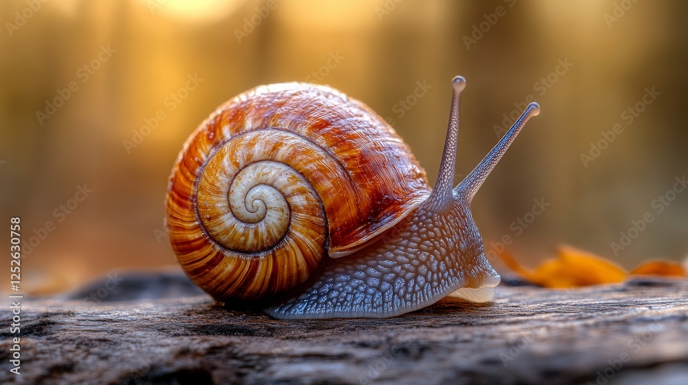 Poster Snail on a log with vibrant shell in golden light, nature and tranquility concept