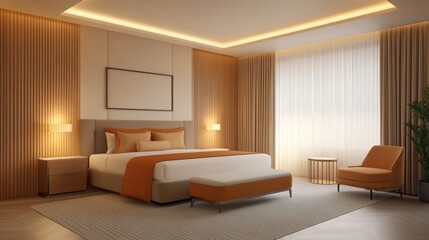 Fototapeta premium Modern Bedroom Interior Design with Orange Accents.
