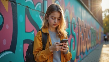 Obraz premium Young woman browsing smartphone in urban setting with street art, modern lifestyle concept