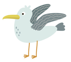Hand drawn seagull flapping wings in flat style. Vector sea life object for your design.