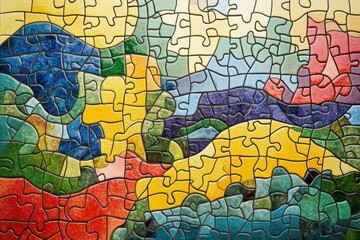 Fototapeta premium Colorful puzzle pieces create an abstract landscape with rolling hills