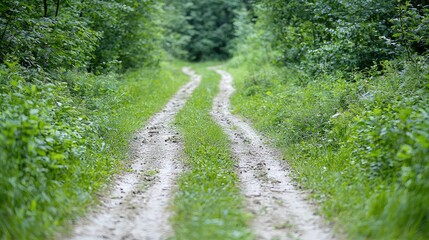 Fototapeta premium Winding dirt road through lush green forest