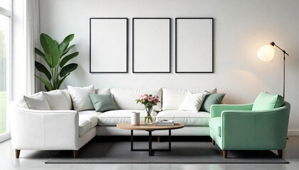 Obraz premium Modern Living Room Interior with Blank Frames and Stylish Furniture