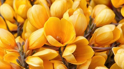 Obraz premium Close Up Of Bright Yellow Flower Blossoms With Water Droplets and Keywords yellow flowers,flower