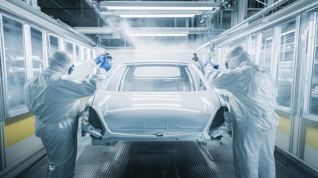 A detailed view of workers in an automotive paint shop, applying precision coatings on vehicle bodies, Automotive painting scene