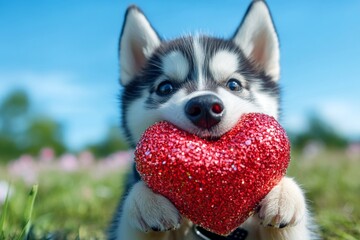 Fototapeta premium Cute siberian husky dog with sparkling rhinestones red heart on a walk in a spring garden. Siberian husky - my preferred dog, symbol of friendship. Ad campaign animal creative design idea.