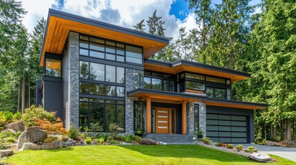 Fototapeta premium Sleek and stylish modern house with large windows and open space.