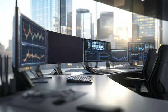 Modern Trading Room with Multi-Screen Workstations