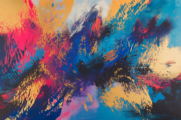 Abstract colorful explosion painting with gold accents.