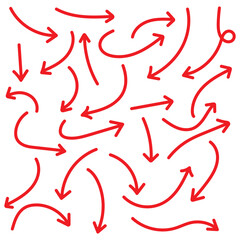 Hand drawn arrow vector icons set. Sketch arrow design for business plan and education. Set of arrows Red icons. Circle arrows, rotate arrow, redo process symbol. Hand drawn brush vector arrows. 