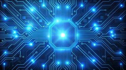 Obraz premium Minimalist circuit board wallpaper with glowing blue wires and microchips, circuit boards, futuristic gadgets, electronics, LED lights