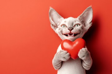 Cute devon rex young cat with domestic animal toy red heart - sign of love, funny greeting card. Commercial visual idea. Devon rex - my treasured cat. Romantic pet love photo. Red pet concept.