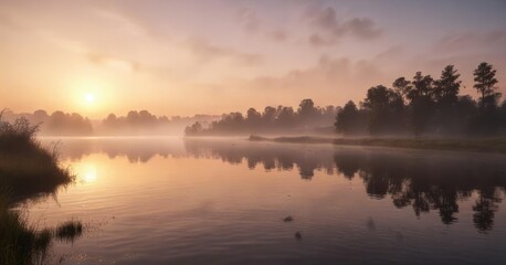 Obraz premium Misty Elbe River at sunset with fog rolling in , europe landscapes, water reflections