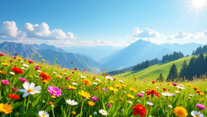 Fototapeta premium Spring Wildflower Meadow with Distant Mountains (16:9)