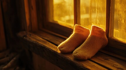 A pair of hemp socks placed on a wooden windowsill, softly lit by the golden afternoon sun.