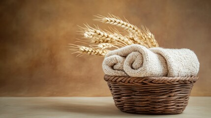 Obraz premium A rolled-up pair of hemp-cotton socks placed inside a small woven basket with dried wheat stalks.
