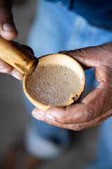 Perlado de Mezcal. Mezcal masters calculate the alcohol percentage of mezcal by looking at the bubbles that are created.