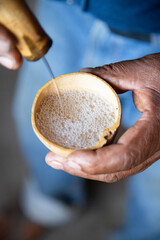 Perlado de Mezcal. Mezcal masters calculate the alcohol percentage of mezcal by looking at the bubbles that are created.