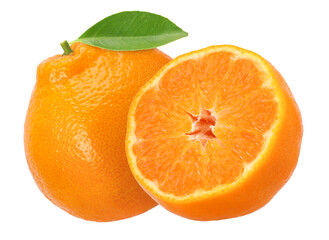 Orange fruit (Sumo Orange) with leaves and half  isolated, transparent PNG, PNG format